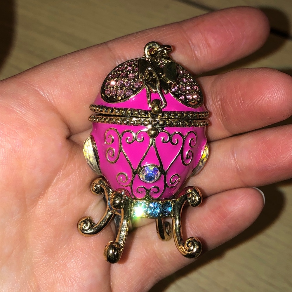 Betsey Johnson Pink Egg shaped carriage necklace with crown pendant inside